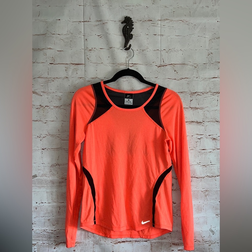 Nike Orange Black Mesh Long Sleeve DRIFIT Thumbhole Top size XL workout gym